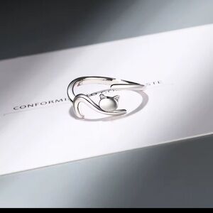925 Sterling Silver Sticky Cat With Long Tail Finger Ring. Adjustable Ring